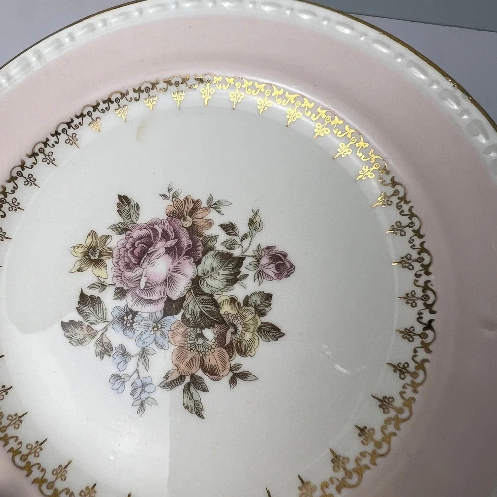 Homer Laughlin Bread Plates 4pc 6.25in Pink Floral Gold Georgian Eggshell Vtg